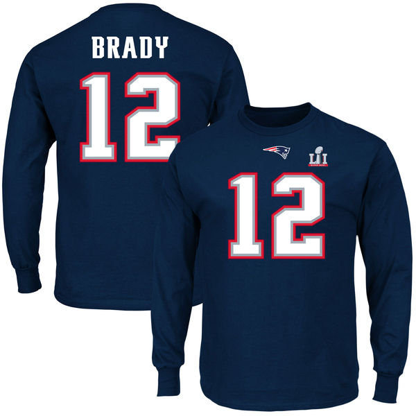 Tom Brady New England Patriots Majestic Super Bowl LI Bound Eligible Receiver Patch Name & Number Long Sleeve T-Shirt - Navy